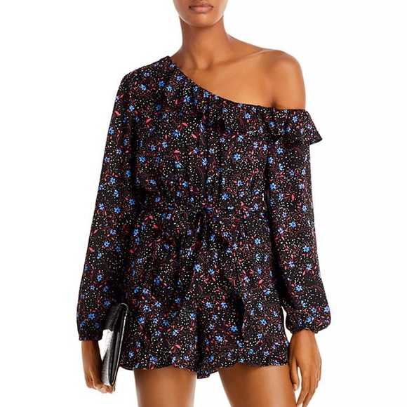 Aqua NWT Bloomingdale's One Shoulder Long Sleeve Waist Tie Floral Romper New - Picture 13 of 13